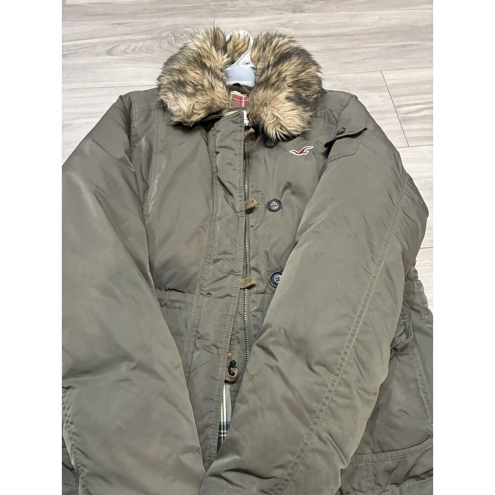Hollister Vintage Y2K Fur Collar Green Utility Winter Jacket Coat Girls Size L
